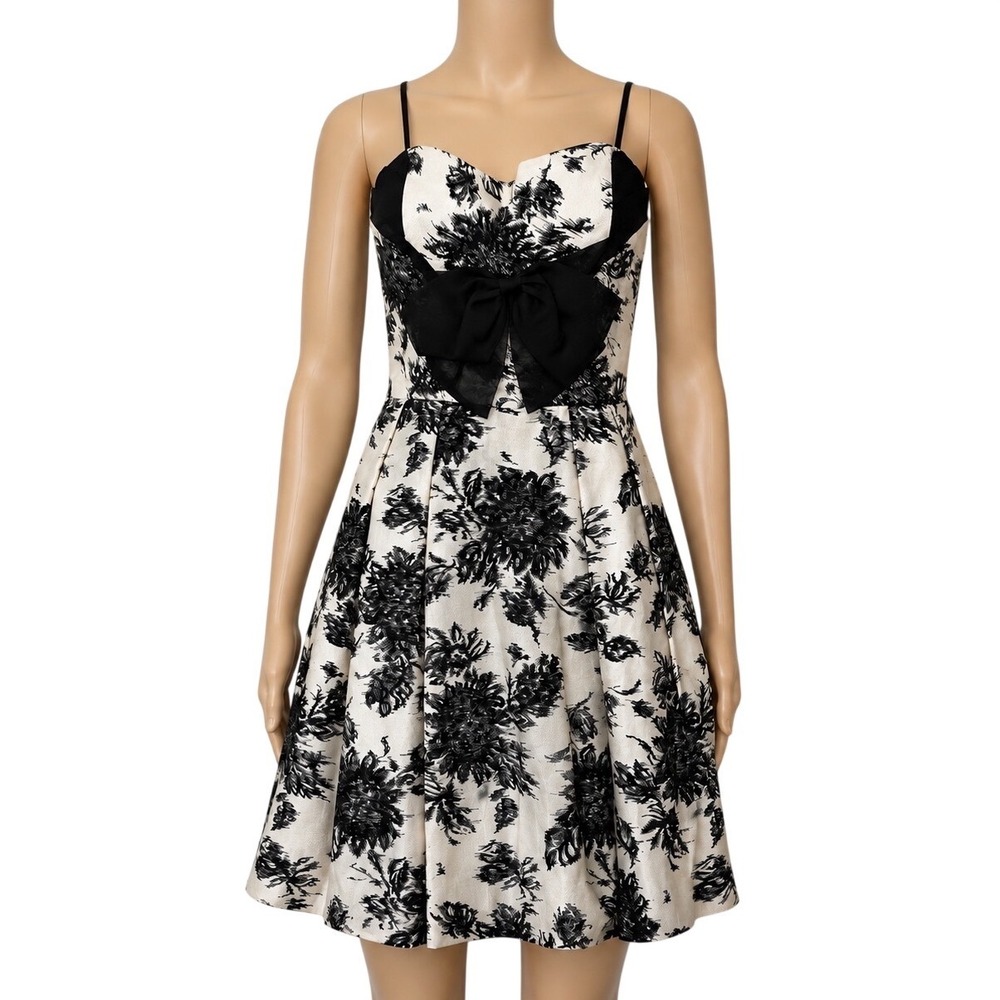 Lorrie Deb Dress Womens XS Black Cream Floral Bow Brocade Vintage 50s 60s Party